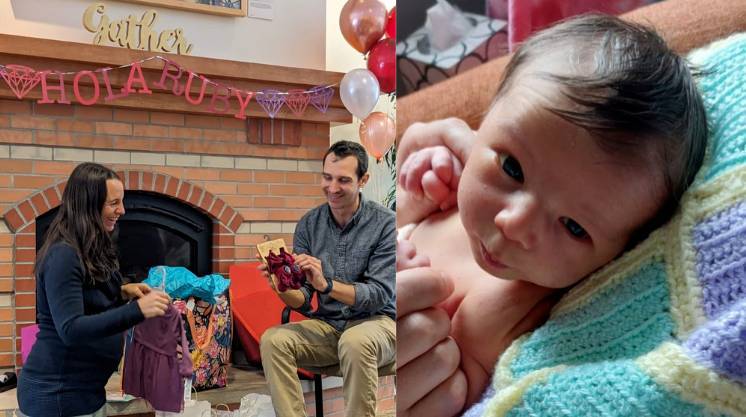 Top photo shows parents Max and Daniella opening gifts at baby shower, bottom photo is a close up face picture of their baby Ruby